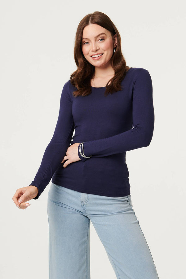 Navy | Long Sleeve Slim Scoop Neck Top : Model is 5'9"/175 cm and wears UK8/EU36/US4/AUS8