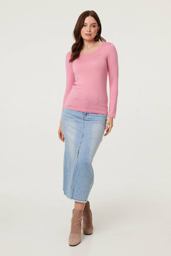 Pink | Long Sleeve Slim Scoop Neck Top