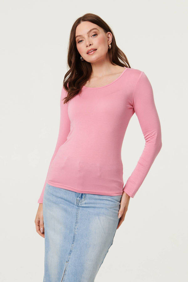 Pink | Long Sleeve Slim Scoop Neck Top : Model is 5'9"/175 cm and wears UK8/EU36/US4/AUS8