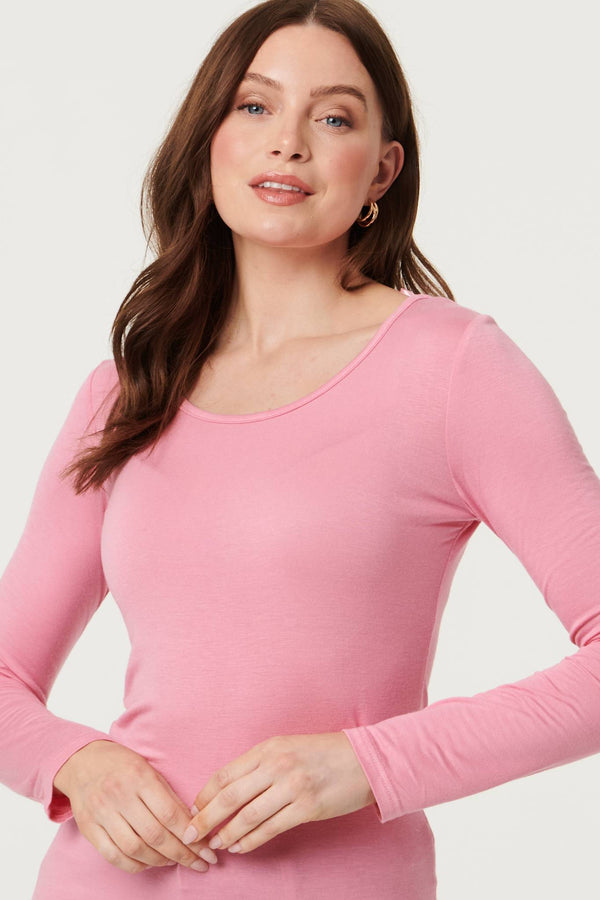 Pink | Long Sleeve Slim Scoop Neck Top