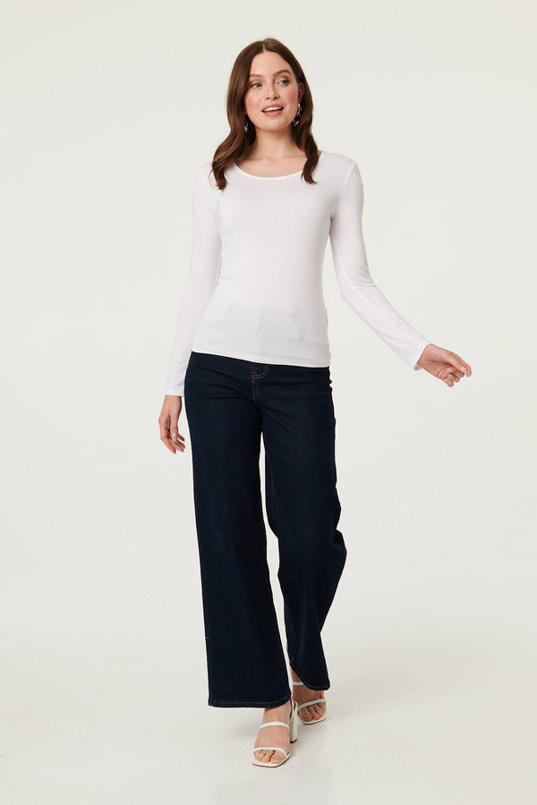 White | Long Sleeve Slim Scoop Neck Top