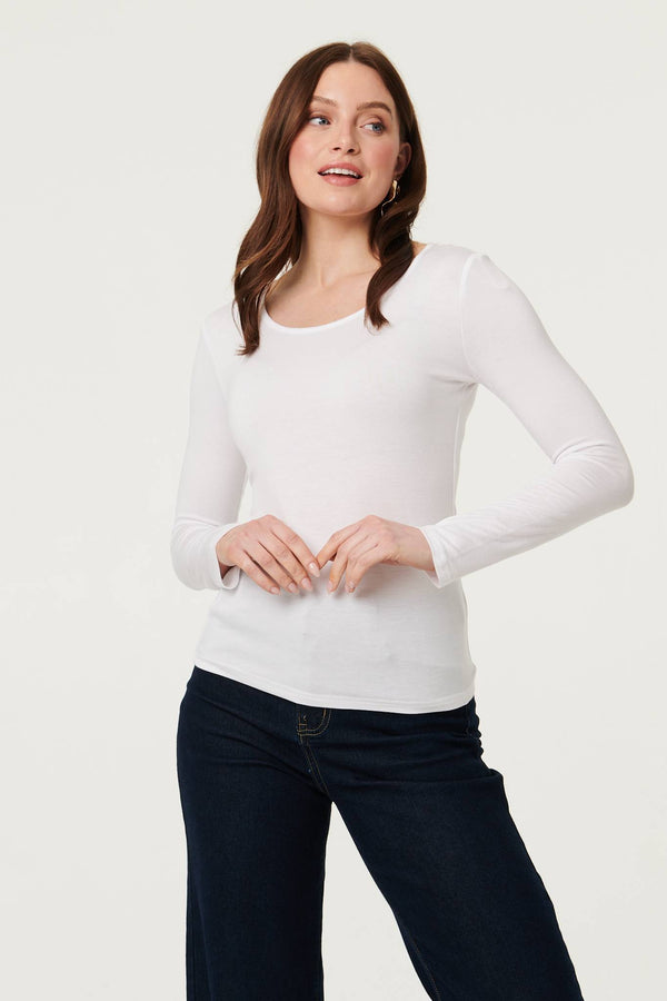 White | Long Sleeve Slim Scoop Neck Top : Model is 5'9"/175 cm and wears UK8/EU36/US4/AUS8