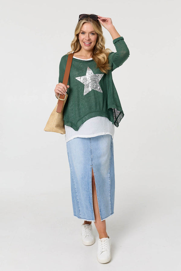 Green | Sequin Star Front Relaxed Layered Top