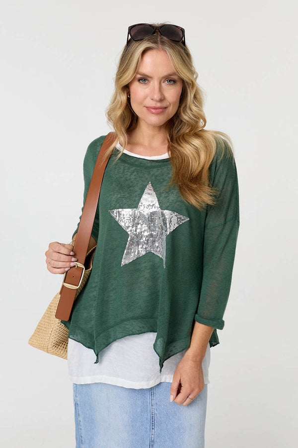 Green | Sequin Star Front Relaxed Layered Top