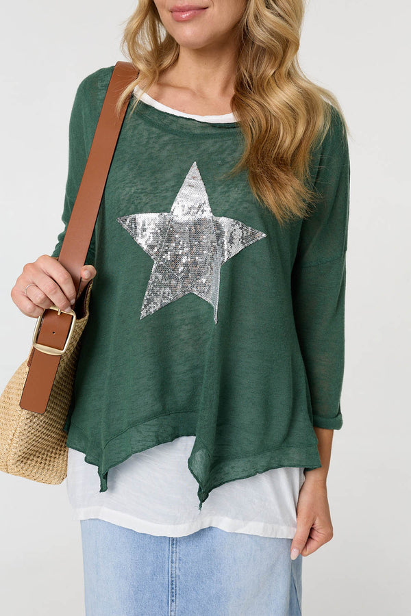 Green | Sequin Star Front Relaxed Layered Top