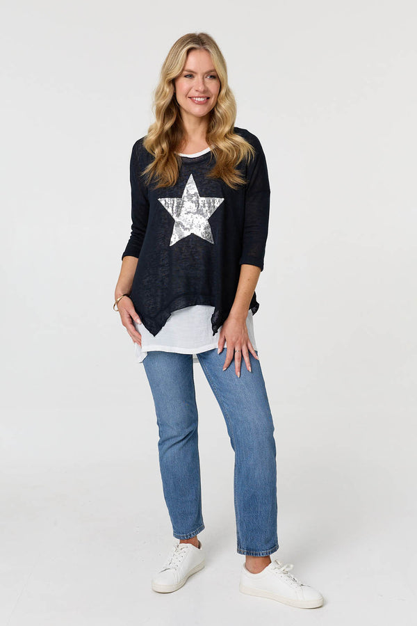 Navy | Sequin Star Front Relaxed Layered Top
