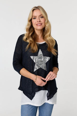 Navy | Sequin Star Front Relaxed Layered Top