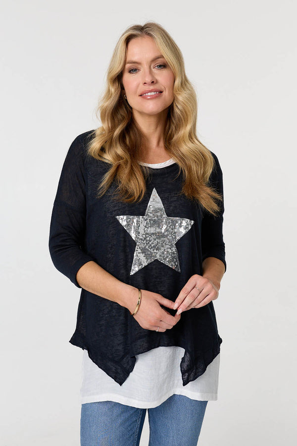 Navy | Sequin Star Front Relaxed Layered Top