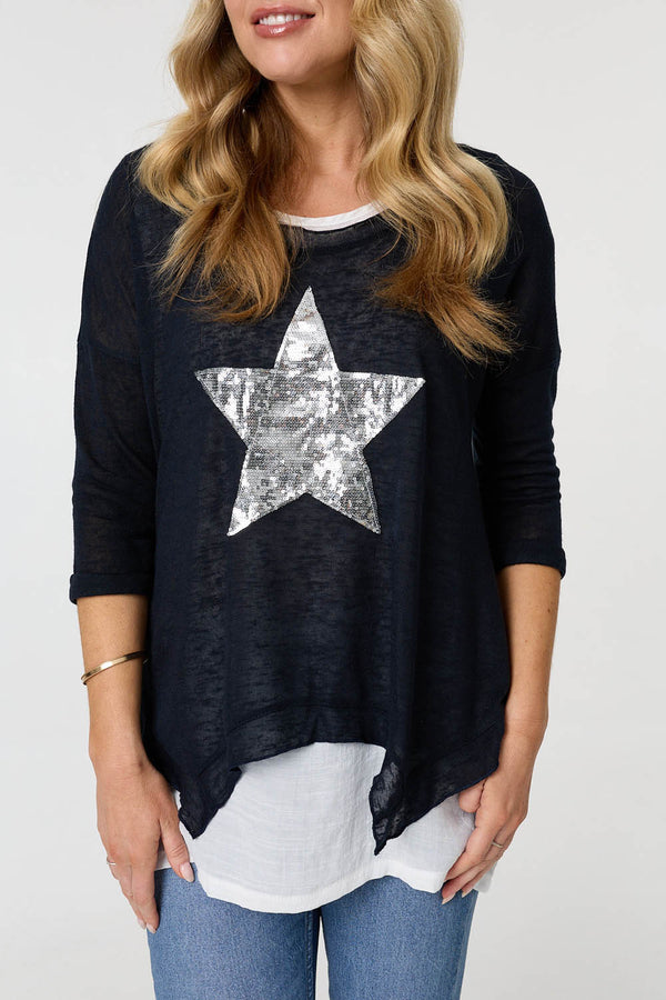 Navy | Sequin Star Front Relaxed Layered Top