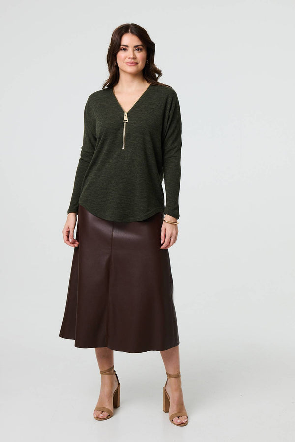 Khaki | Zip Front V-Neck Relaxed 3/4 Sleeve Top

