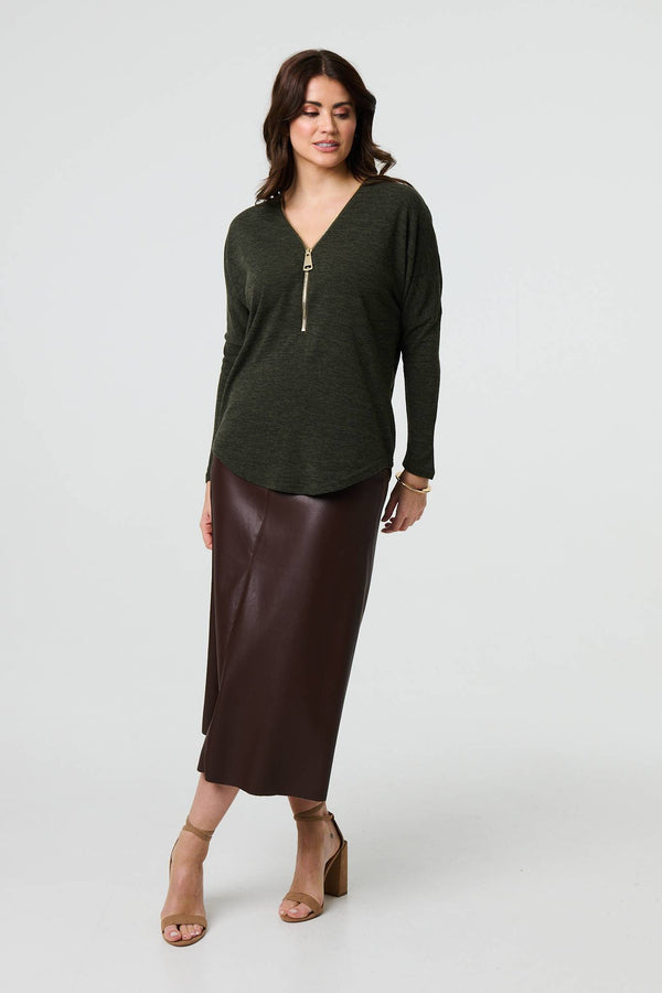 Khaki | Zip Front V-Neck Relaxed 3/4 Sleeve Top
