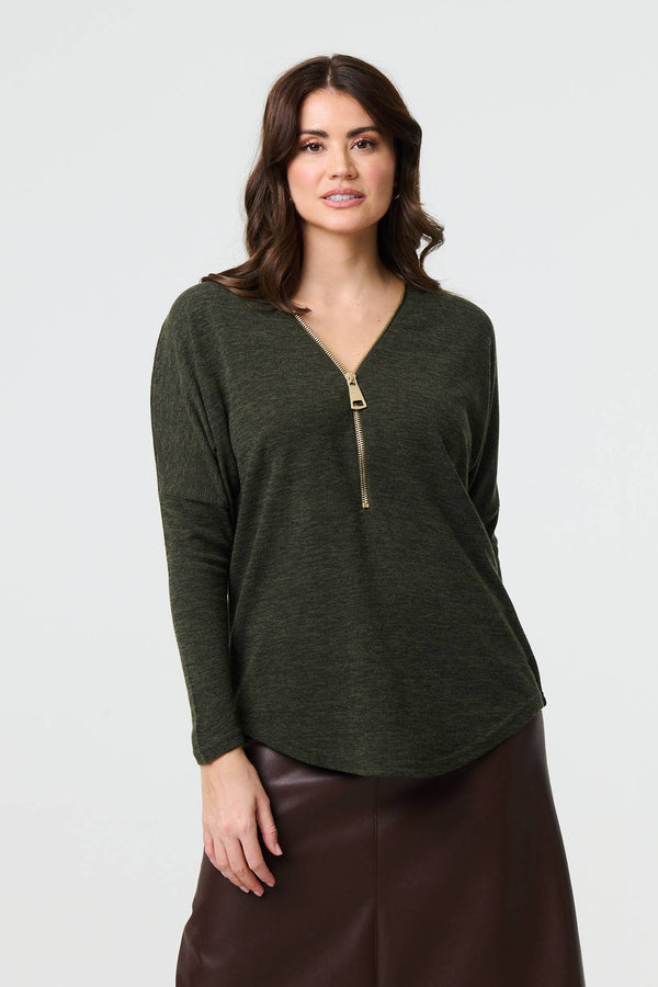 Khaki | Zip Front V-Neck Relaxed 3/4 Sleeve Top

