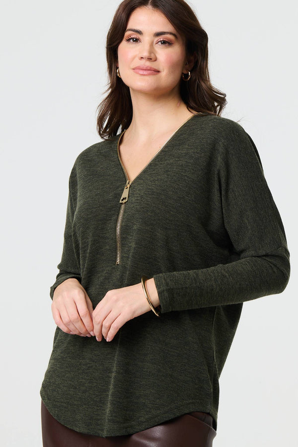 Khaki | Zip Front V-Neck Relaxed 3/4 Sleeve Top
