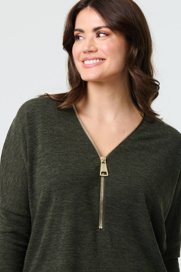 Khaki | Zip Front V-Neck Relaxed 3/4 Sleeve Top
