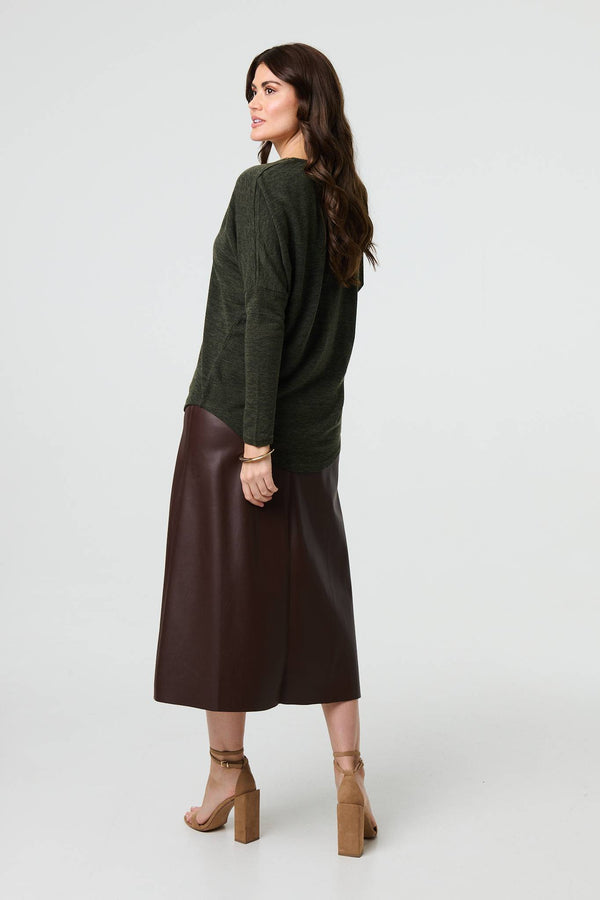 Khaki | Zip Front V-Neck Relaxed 3/4 Sleeve Top
