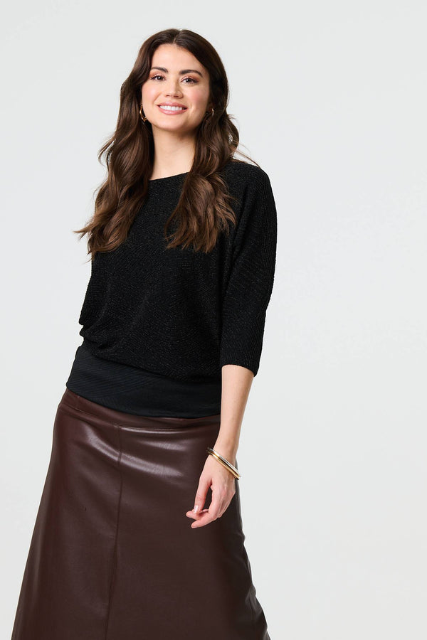 Black | Metallic Stripe 3/4 Batwing Sleeve Top
