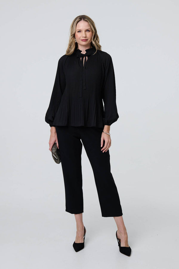 Black | Pleated Tie Neck Long Sleeve Blouse
