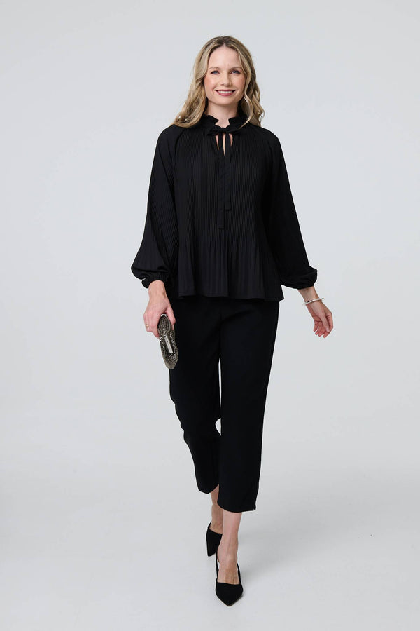 Black | Pleated Tie Neck Long Sleeve Blouse
