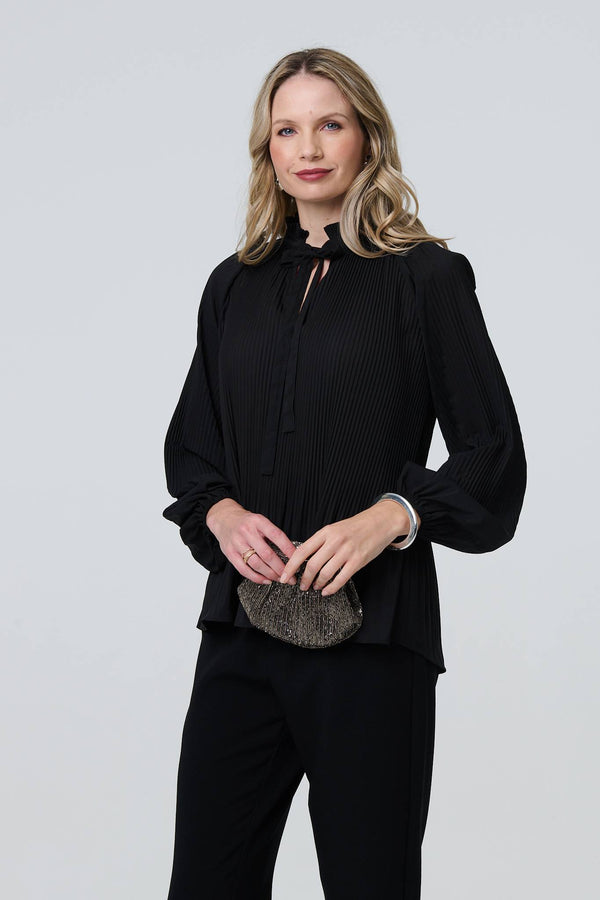Black | Pleated Tie Neck Long Sleeve Blouse
