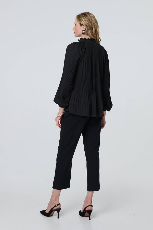 Black | Pleated Tie Neck Long Sleeve Blouse
