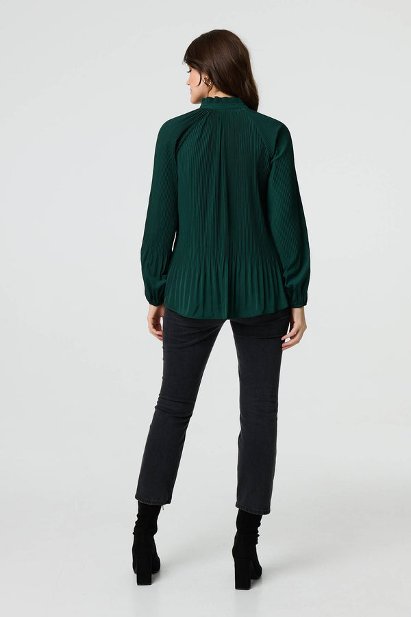Green | Pleated Tie Neck Long Sleeve Blouse
