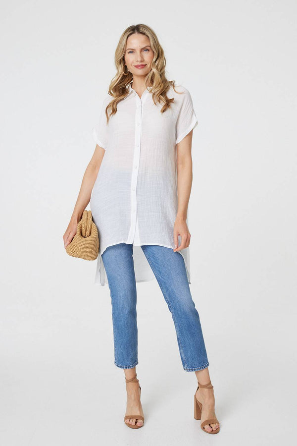 White | High Low Longline Button-Up Shirt