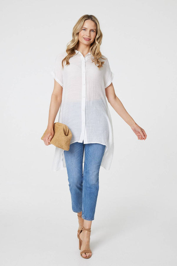 White | High Low Longline Button-Up Shirt