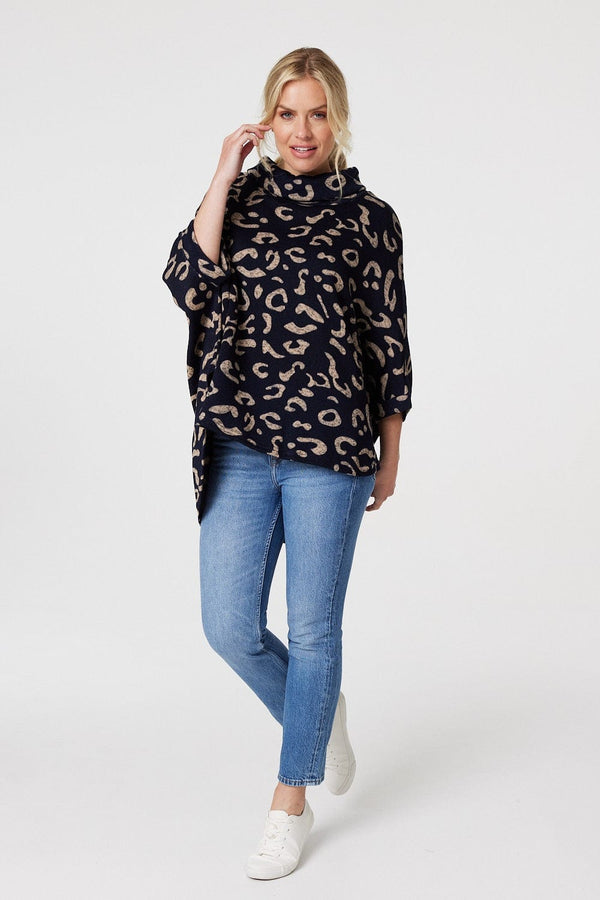 Navy | Printed Oversized High Neck Top