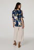 Navy | Floral Split Sleeve Satin Blouse