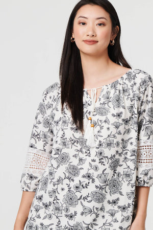 White | Floral Lace Trim Tie Neck Bardot Blouse
