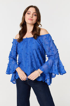 Blue | Textured Semi Sheer Bardot Blouse
