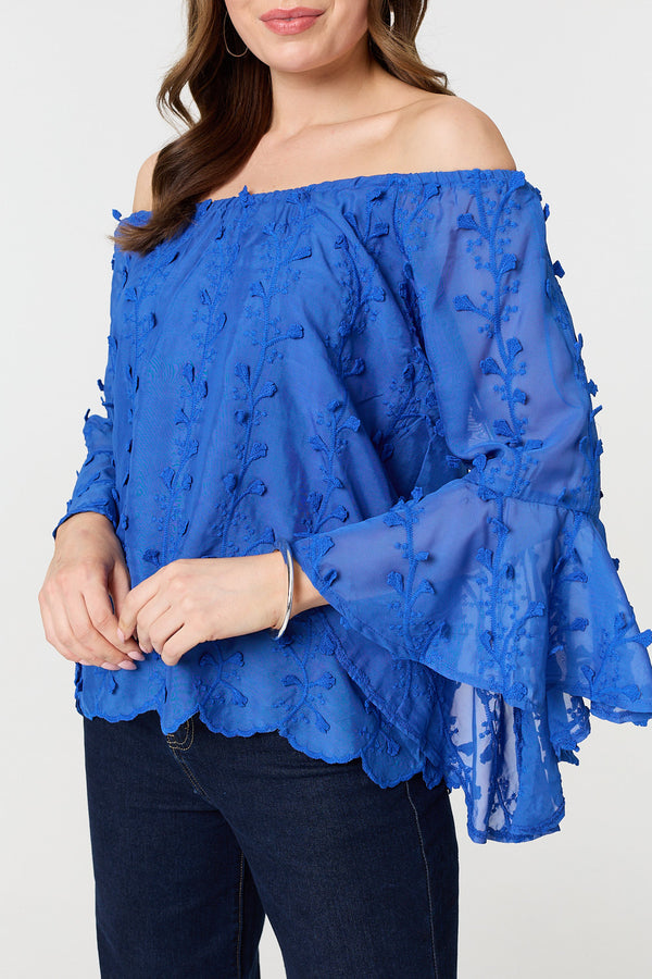 Blue | Textured Semi Sheer Bardot Blouse
