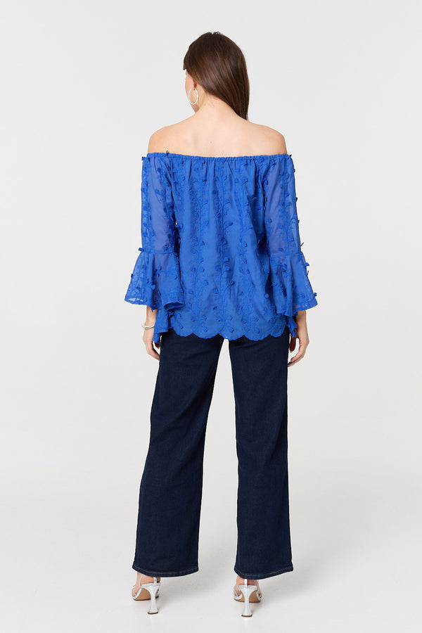 Blue | Textured Semi Sheer Bardot Blouse
