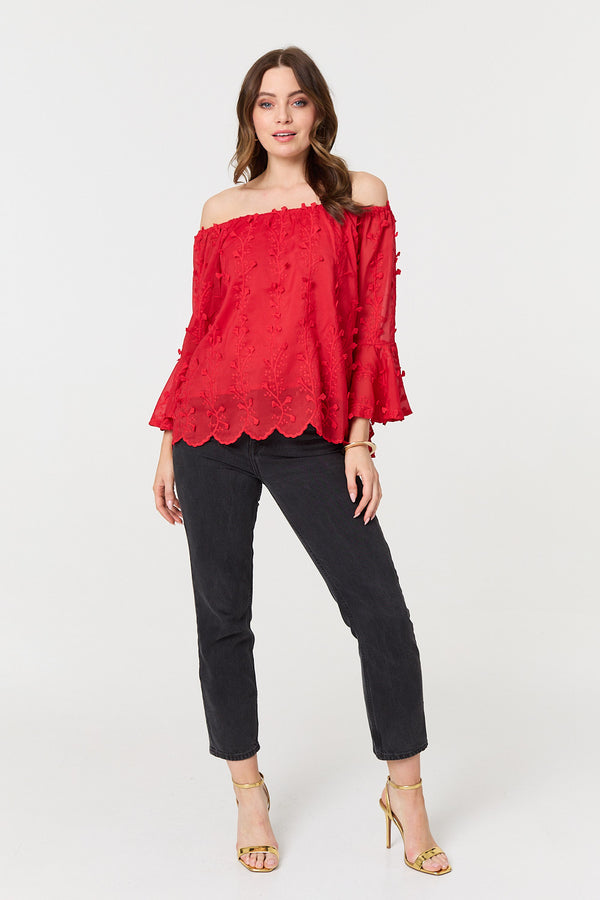 Red | Textured Semi Sheer Bardot Blouse
