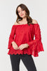 Red | Textured Semi Sheer Bardot Blouse : Model is 5'9