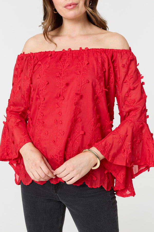 Red | Textured Semi Sheer Bardot Blouse

