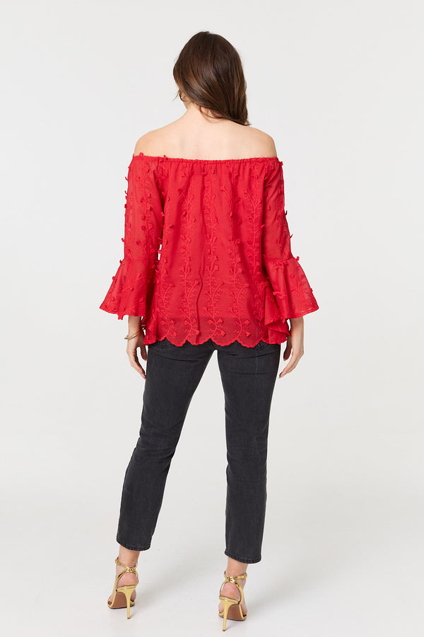 Red | Textured Semi Sheer Bardot Blouse
