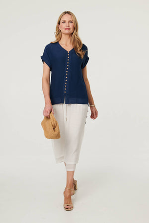 Navy | Relaxed Layered Short Sleeve Shirt : Model is 5'10