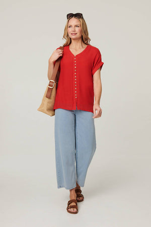 Red | Relaxed Layered Short Sleeve Shirt : Model is 5'10