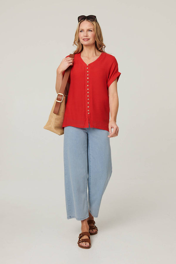 Red | Relaxed Layered Short Sleeve Shirt : Model is 5'10"/178 cm and wears UK10/EU38/US6/AUS10
