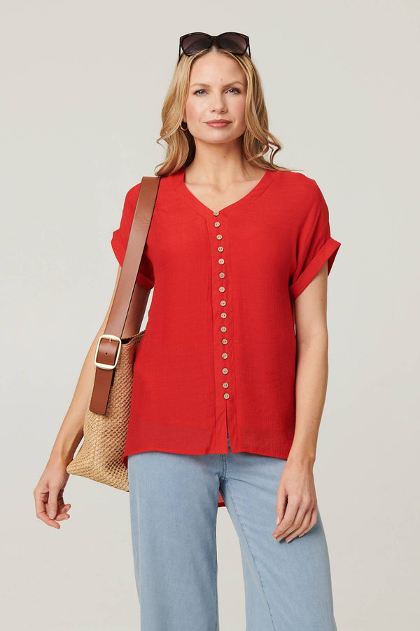 Red | Relaxed Layered Short Sleeve Shirt