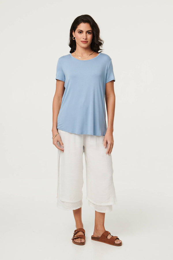 Blue | Plain Short Sleeve Curve Hem T-Shirt