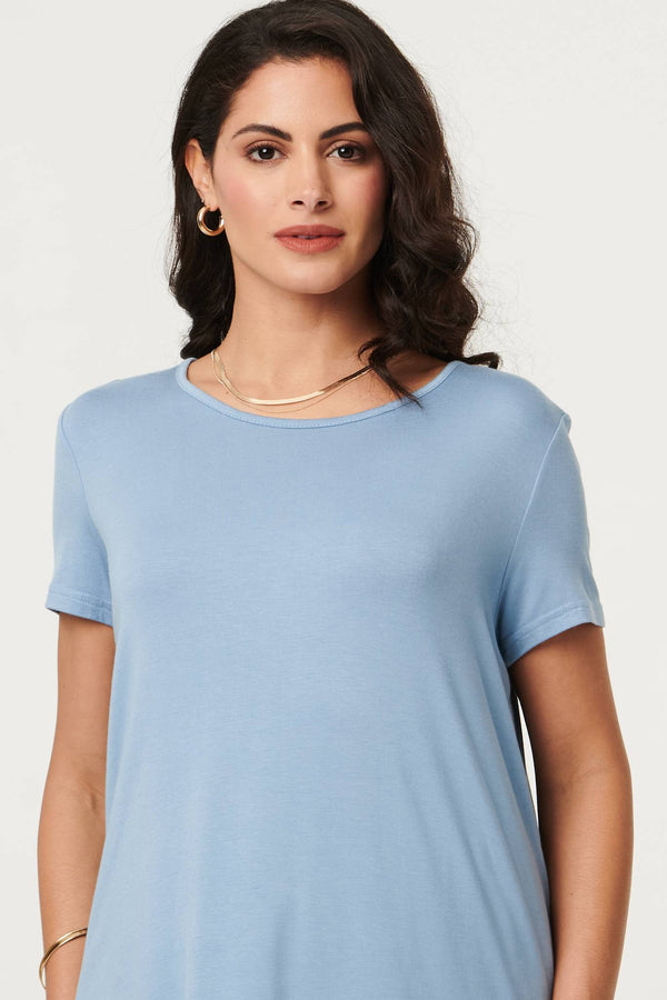 Blue | Plain Short Sleeve Curve Hem T-Shirt