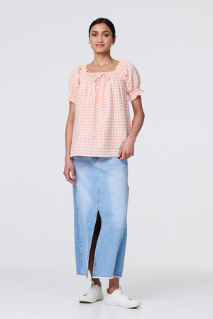 Pink | Gingham Check Puff Sleeve Blouse