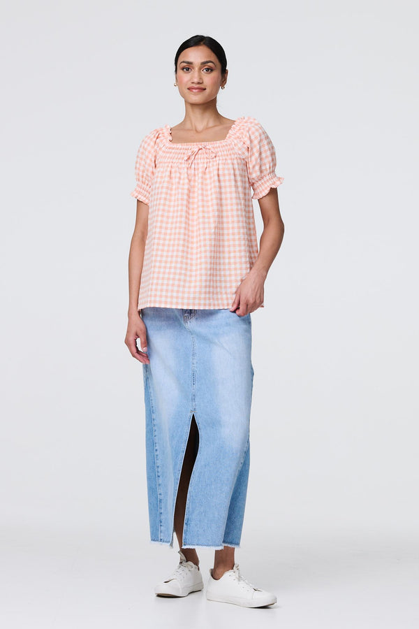 Pink | Gingham Check Puff Sleeve Blouse