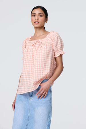 Pink | Gingham Check Puff Sleeve Blouse
