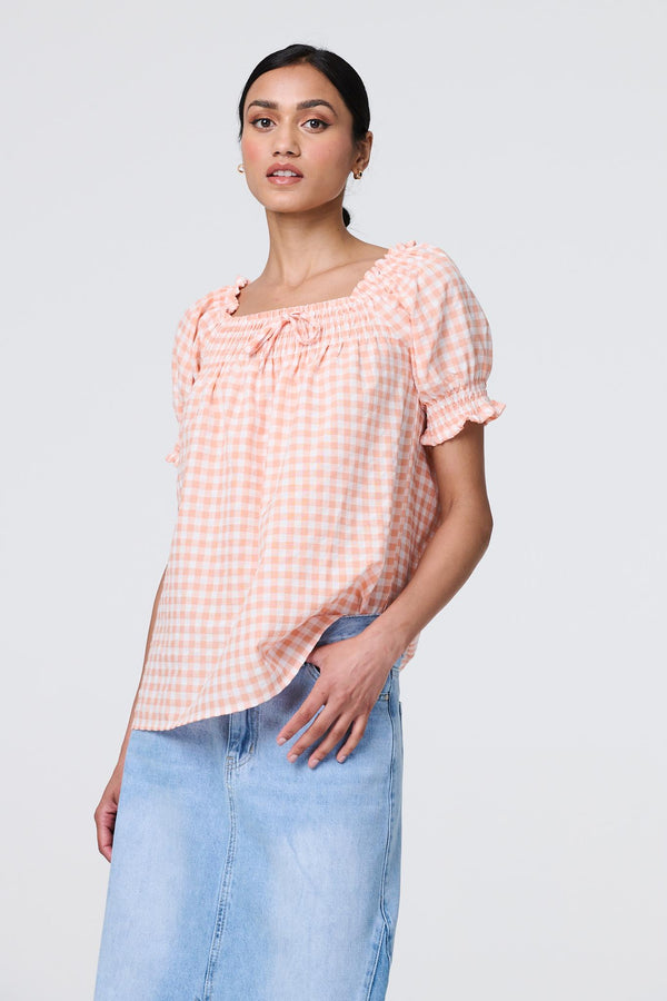 Pink | Gingham Check Puff Sleeve Blouse