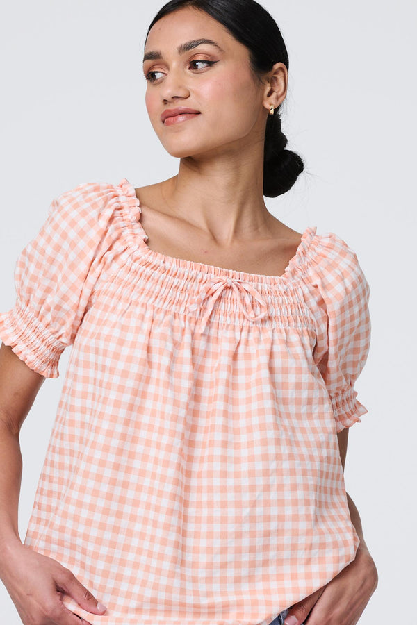 Pink | Gingham Check Puff Sleeve Blouse