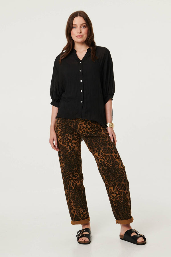 Black | Collarless Button Back 3/4 Sleeve Blouse