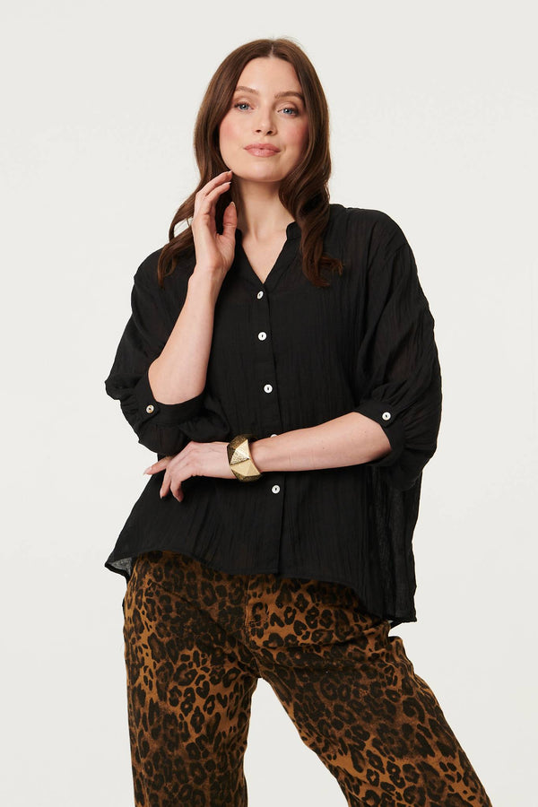 Black | Collarless Button Back 3/4 Sleeve Blouse : Model is 5'9"/175 cm and wears UK8/EU36/US4/AUS8
